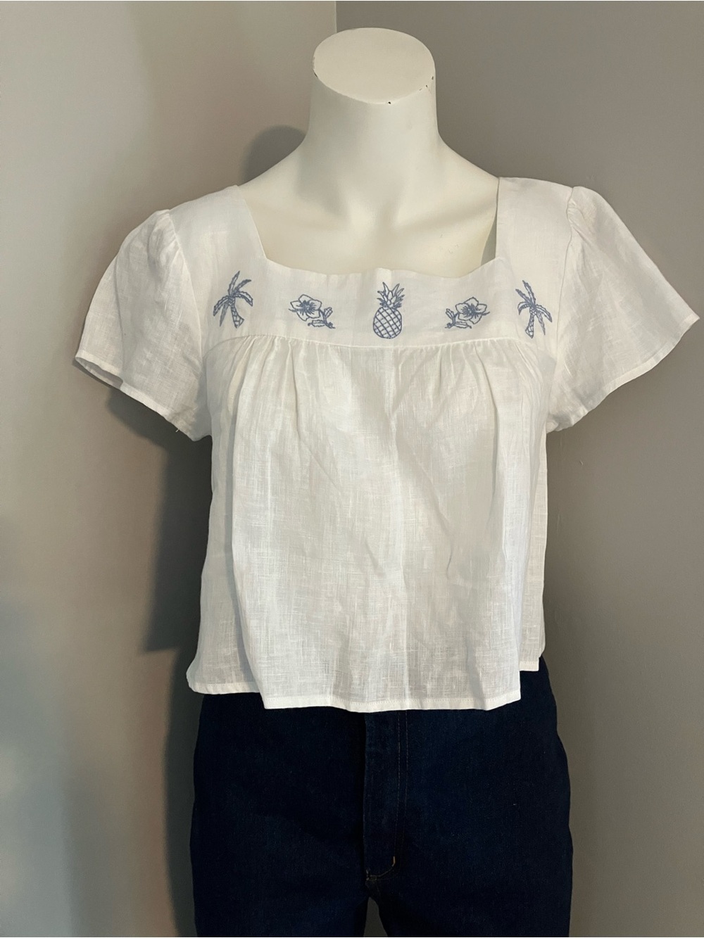 Reformation White Linen Square-Neck Top with Blue Embroidery